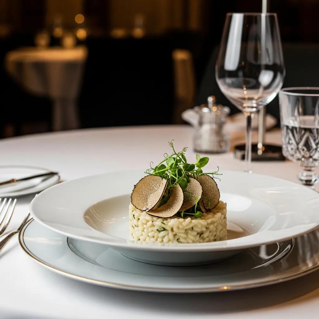 Elegant risotto plated with truffle shavings and microgreens in a refined dining presentation