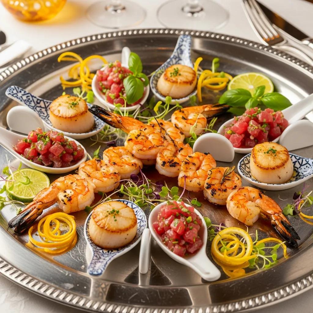 Elegant seafood platter featuring grilled shrimp, seared scallops, and tuna tartare in decorative spoons, garnished with microgreens and citrus slices, ideal for gourmet dinner parties.