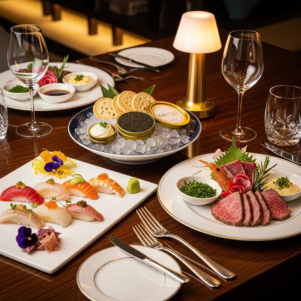 Elegant seasonal dinner table at Kaviar Restaurant featuring sushi, A5 Wagyu, and caviar in a luxurious setting