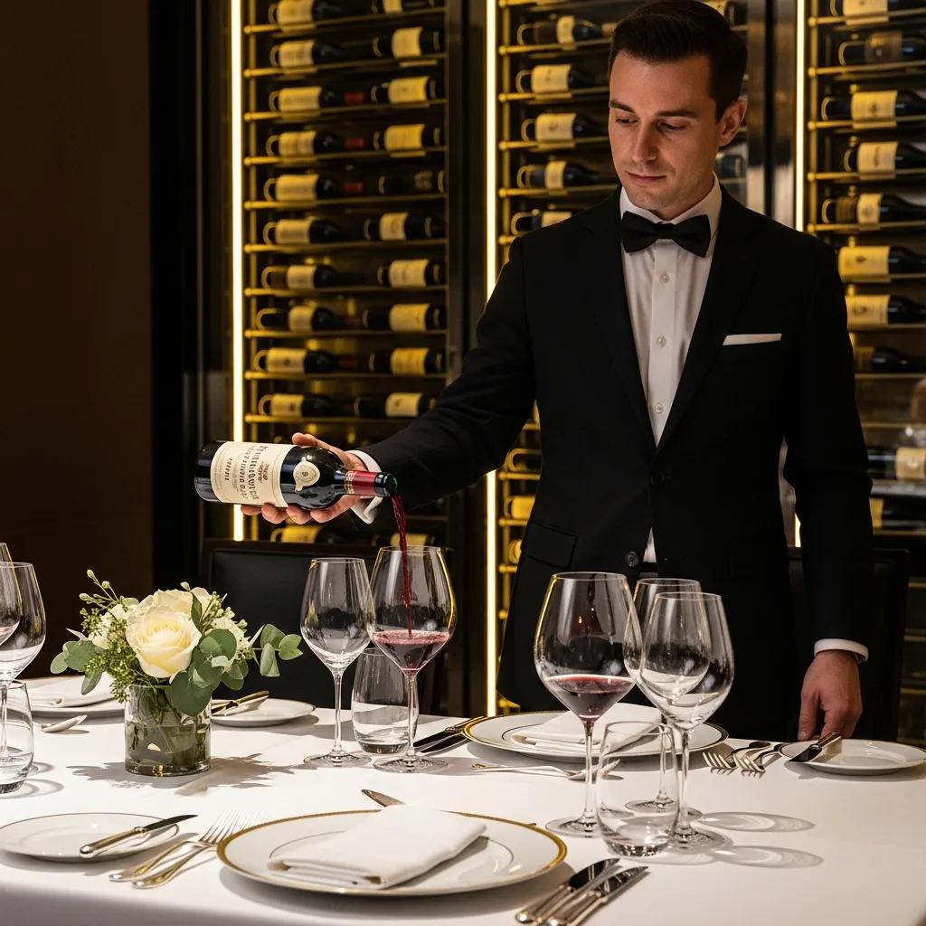 Elegant sommelier pouring wine in a fine dining setting, highlighting wine etiquette and luxury dining experience