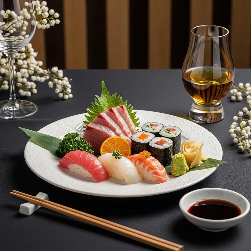 Elegant sushi and sashimi dish featuring assorted seafood, garnished with greens and citrus, accompanied by a glass of single malt Scotch whisky, highlighting the harmony of flavors in a fine dining setting.