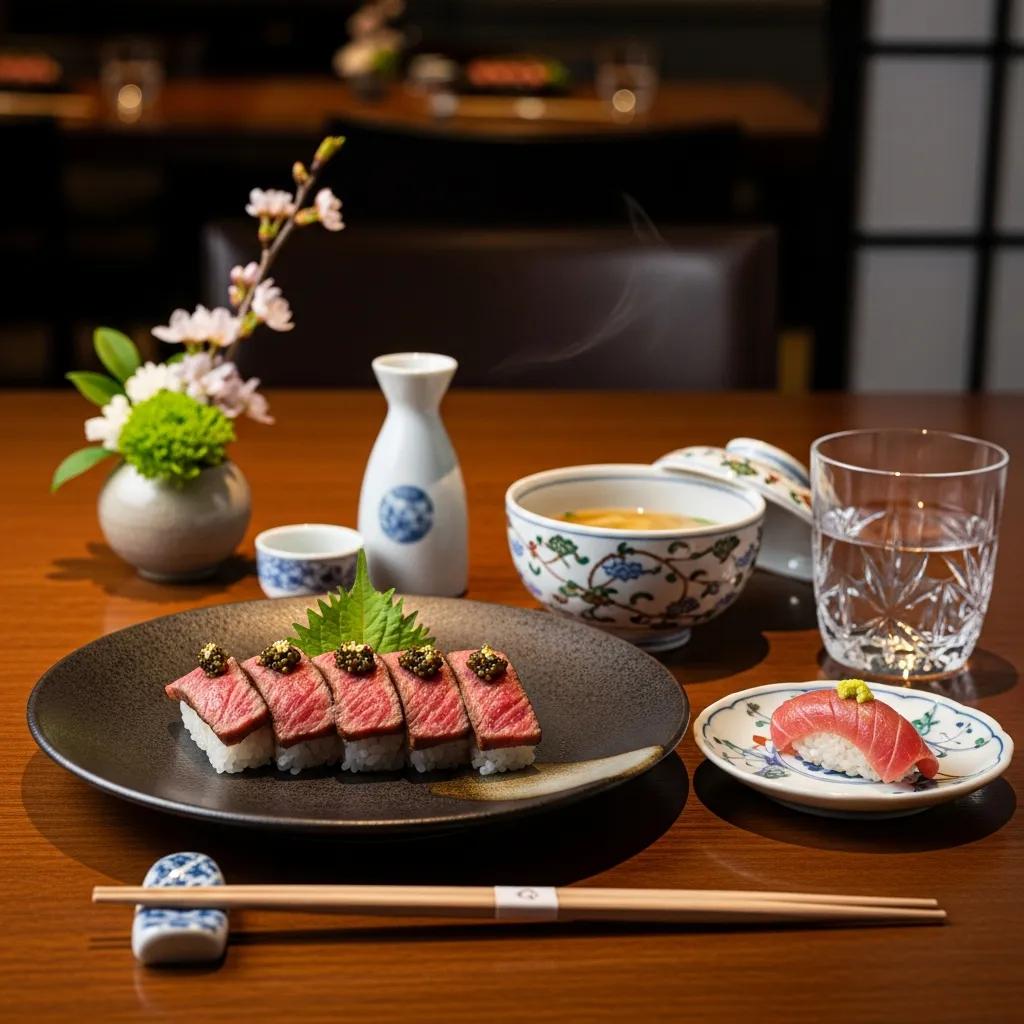 Elegant table setting featuring premium sushi, A5 Wagyu nigiri, miso soup, and traditional Japanese tableware, highlighting the serene ambiance of fine dining at Kaviar Restaurant.