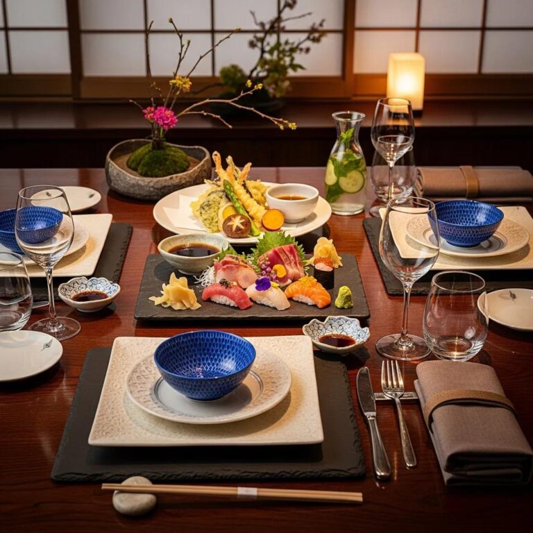 Elegant table setting at a luxury Japanese restaurant highlighting sustainable fine dining practices
