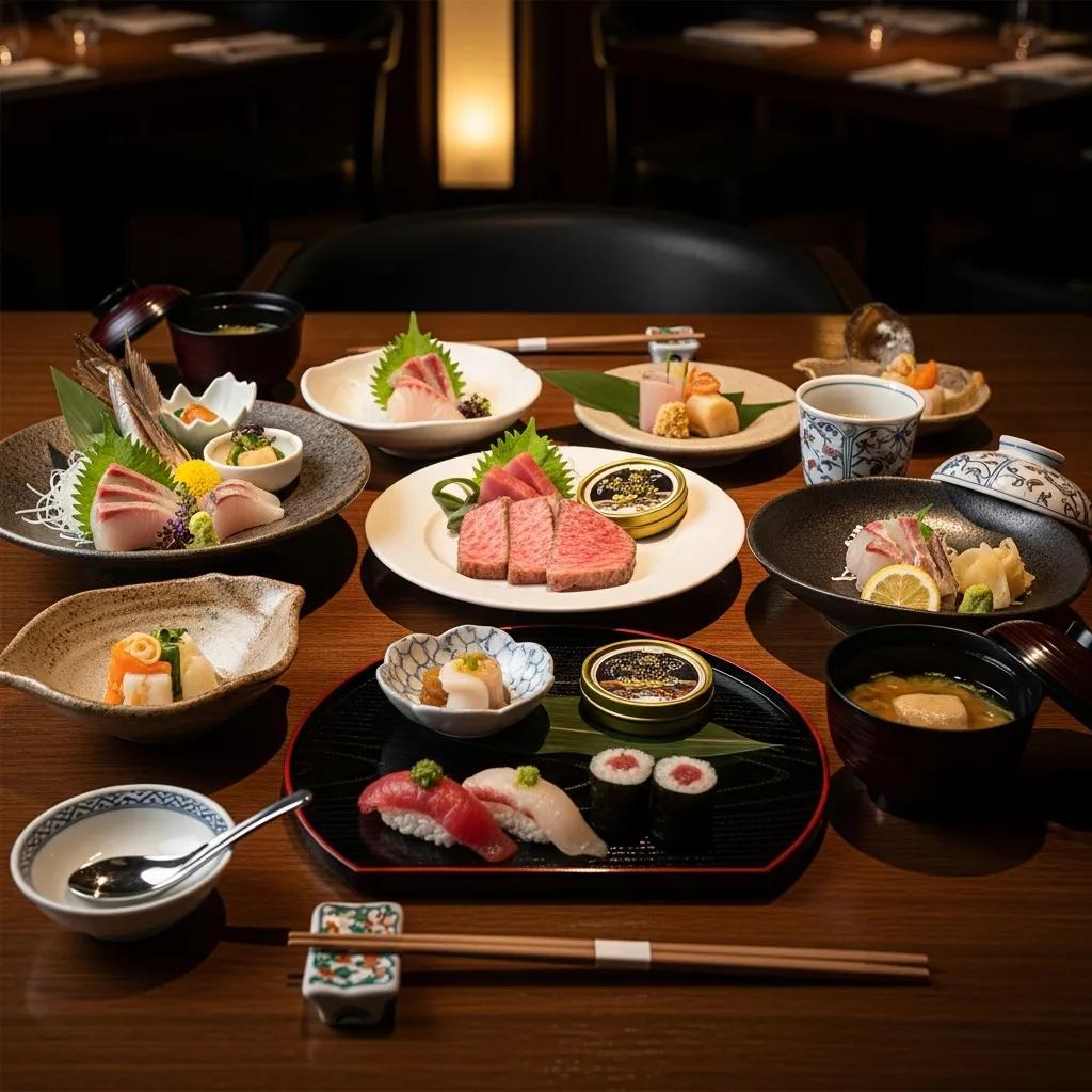 Elegant table setting at Kaviar Restaurant featuring A5 Wagyu and caviar, representing Japanese fine dining excellence