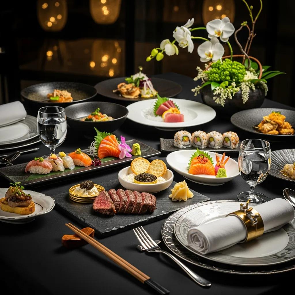 Elegant table setting at Kaviar Restaurant featuring A5 Wagyu and caviar service in a luxurious ambiance
