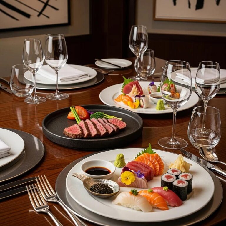 Elegant table setting at Kaviar Restaurant featuring A5 Wagyu, caviar, and sushi in a refined dining atmosphere