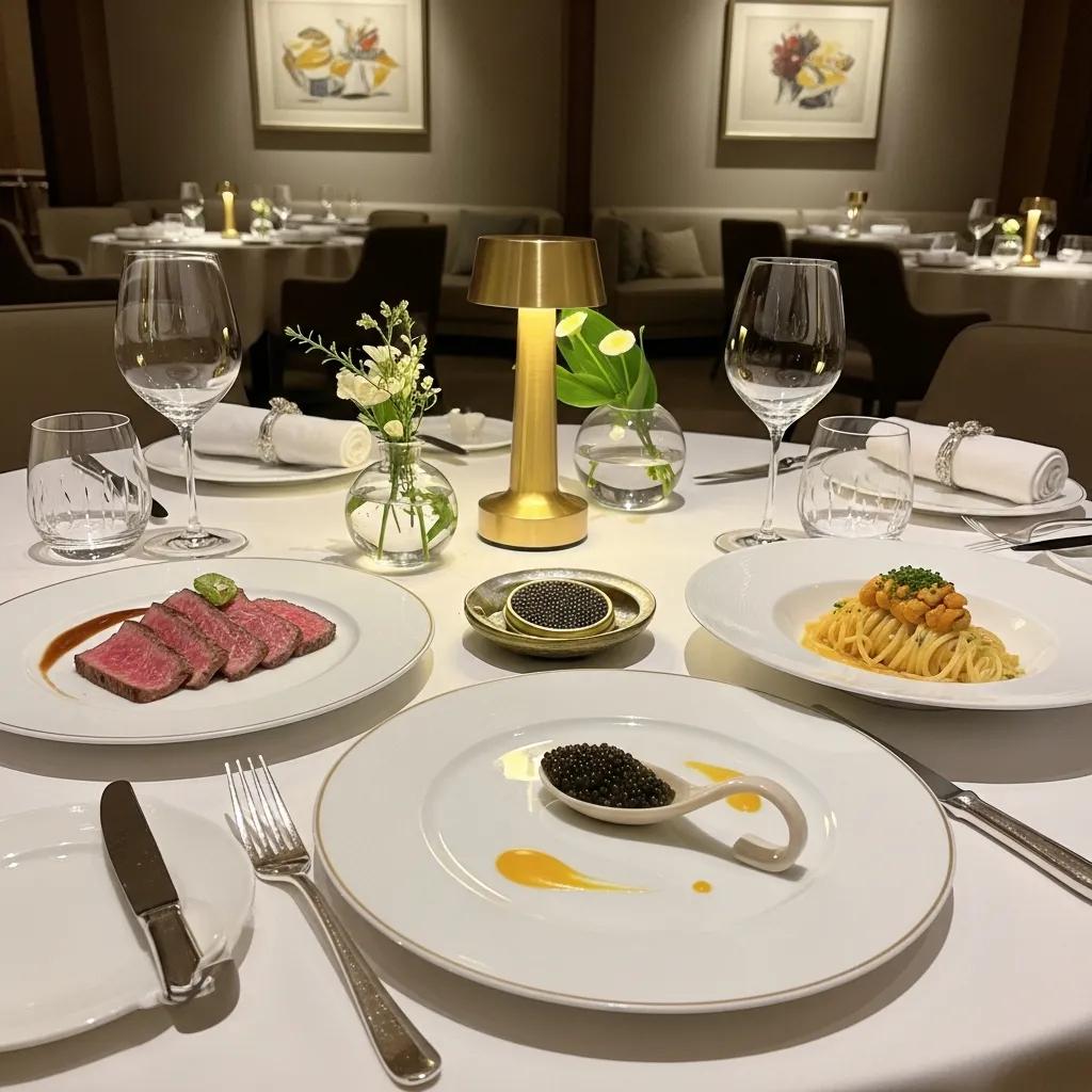 Elegant table setting featuring A5 Wagyu beef, caviar, and uni pasta, with modern European and Japanese fusion dishes, in a luxurious dining atmosphere at Kaviar Restaurant, Pasadena.