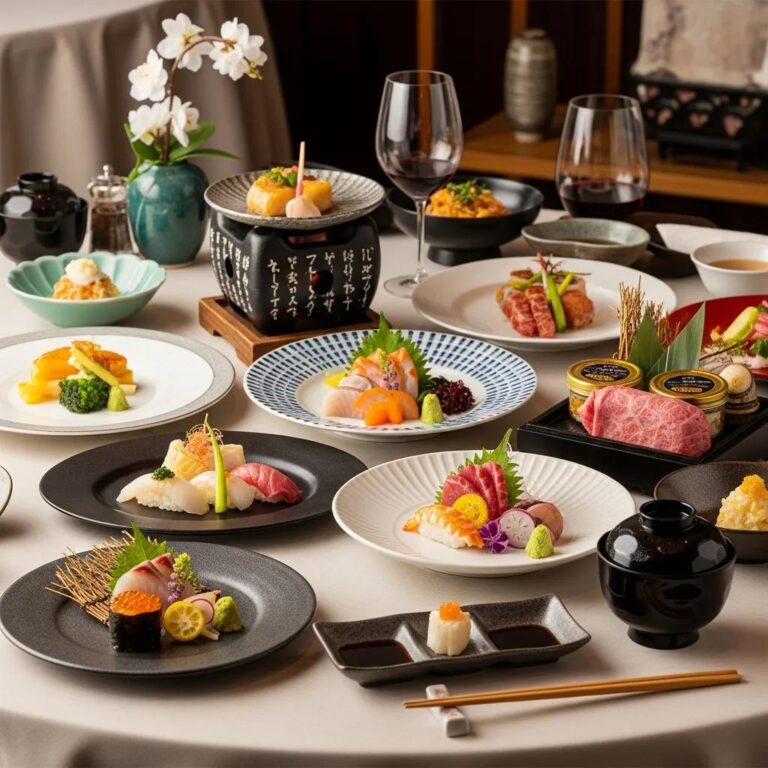 Elegant table setting featuring a variety of allergy-friendly Japanese fine dining dishes, including sushi, sashimi, and seasonal vegetables, with wine glasses and a decorative flower arrangement, emphasizing Kaviar's luxury dining experience in Pasadena.