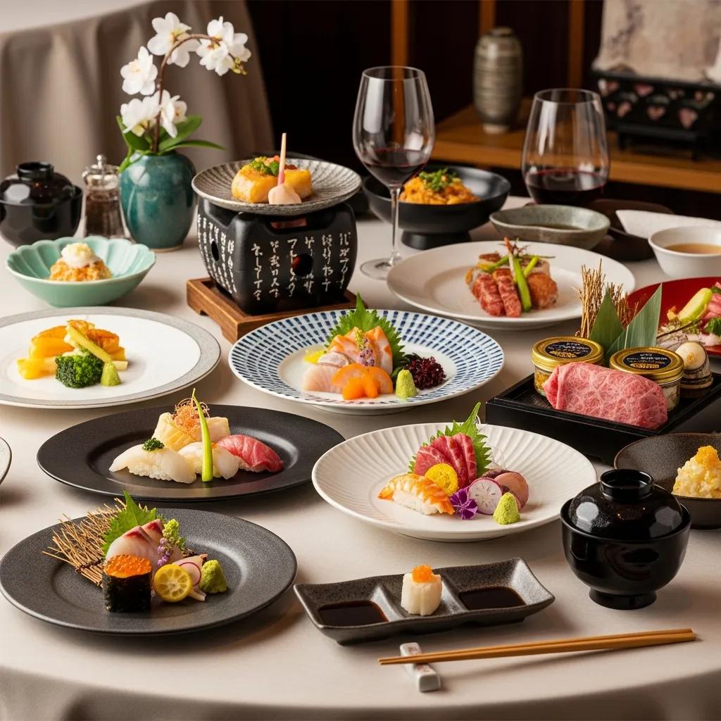 Elegant table setting featuring a variety of allergy-friendly Japanese fine dining dishes, including sashimi, A5 Wagyu, and caviar, complemented by wine glasses and decorative elements, highlighting Kaviar's gourmet offerings in Pasadena.