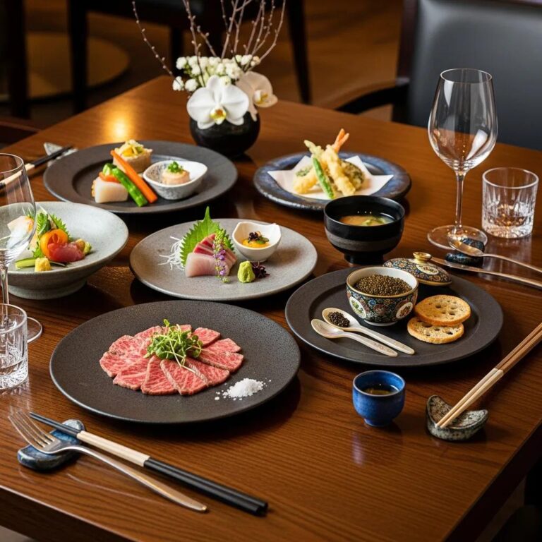 Elegant table setting featuring A5 Wagyu, Kaluga caviar, sashimi, and assorted appetizers, embodying luxury Japanese fine dining at Kaviar Restaurant in Pasadena.