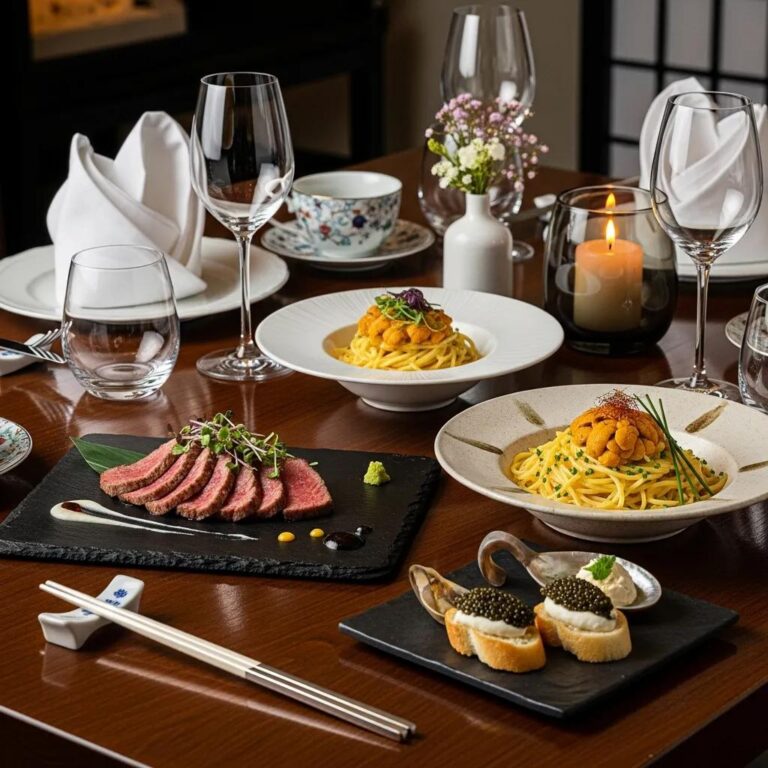 Elegant table setting at Kaviar Restaurant featuring A5 Wagyu beef, uni pasta, and caviar dishes, highlighting luxury Japanese fine dining experience.