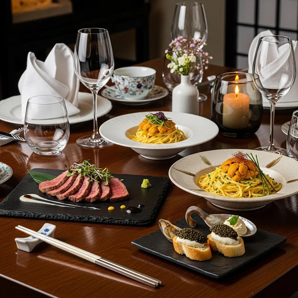 Elegant table setting at Kaviar Restaurant with A5 Wagyu, Uni Pasta, and caviar dishes, highlighting luxury Japanese fine dining