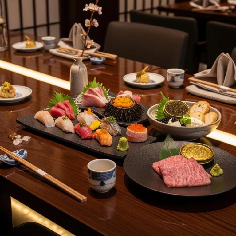 Elegant table setting at Kaviar Restaurant with Japanese fine dining dishes