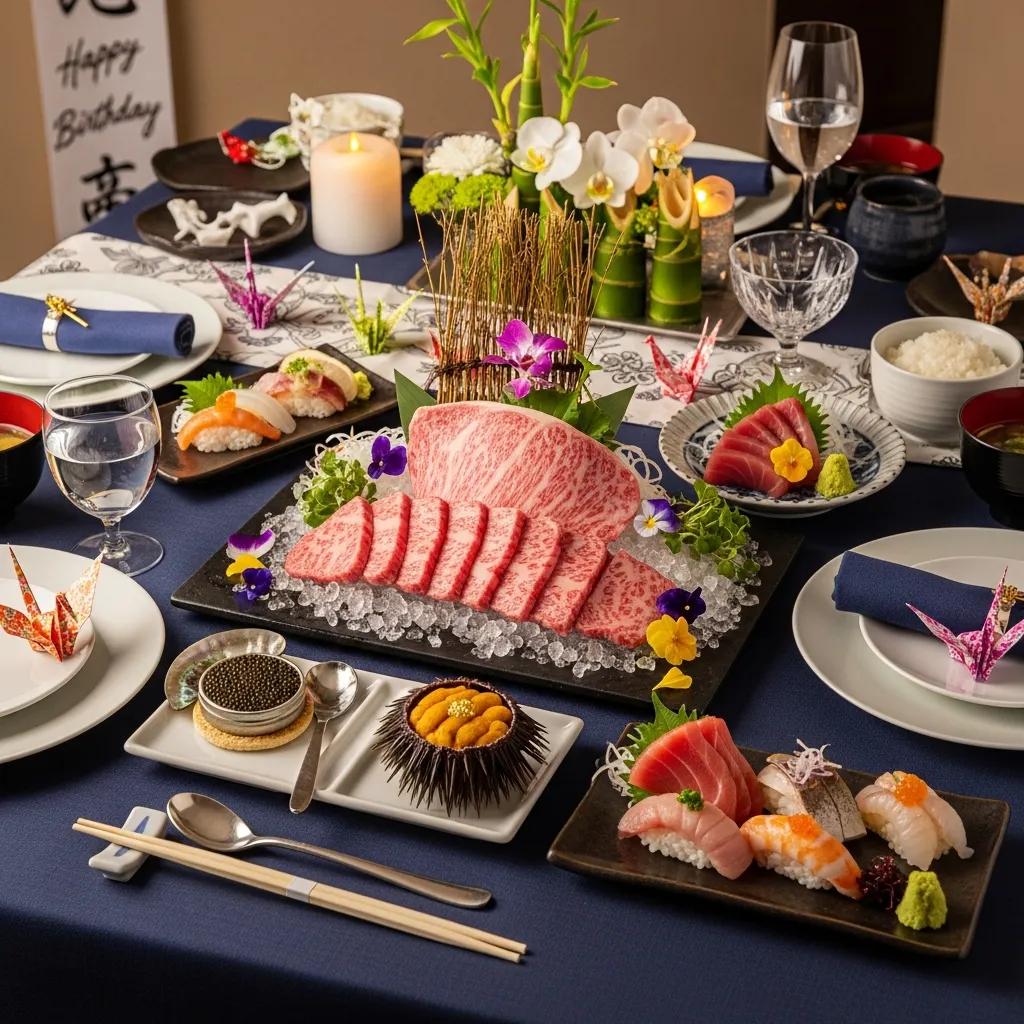 Elegant table setting for a gourmet Japanese birthday dinner featuring A5 Wagyu and caviar