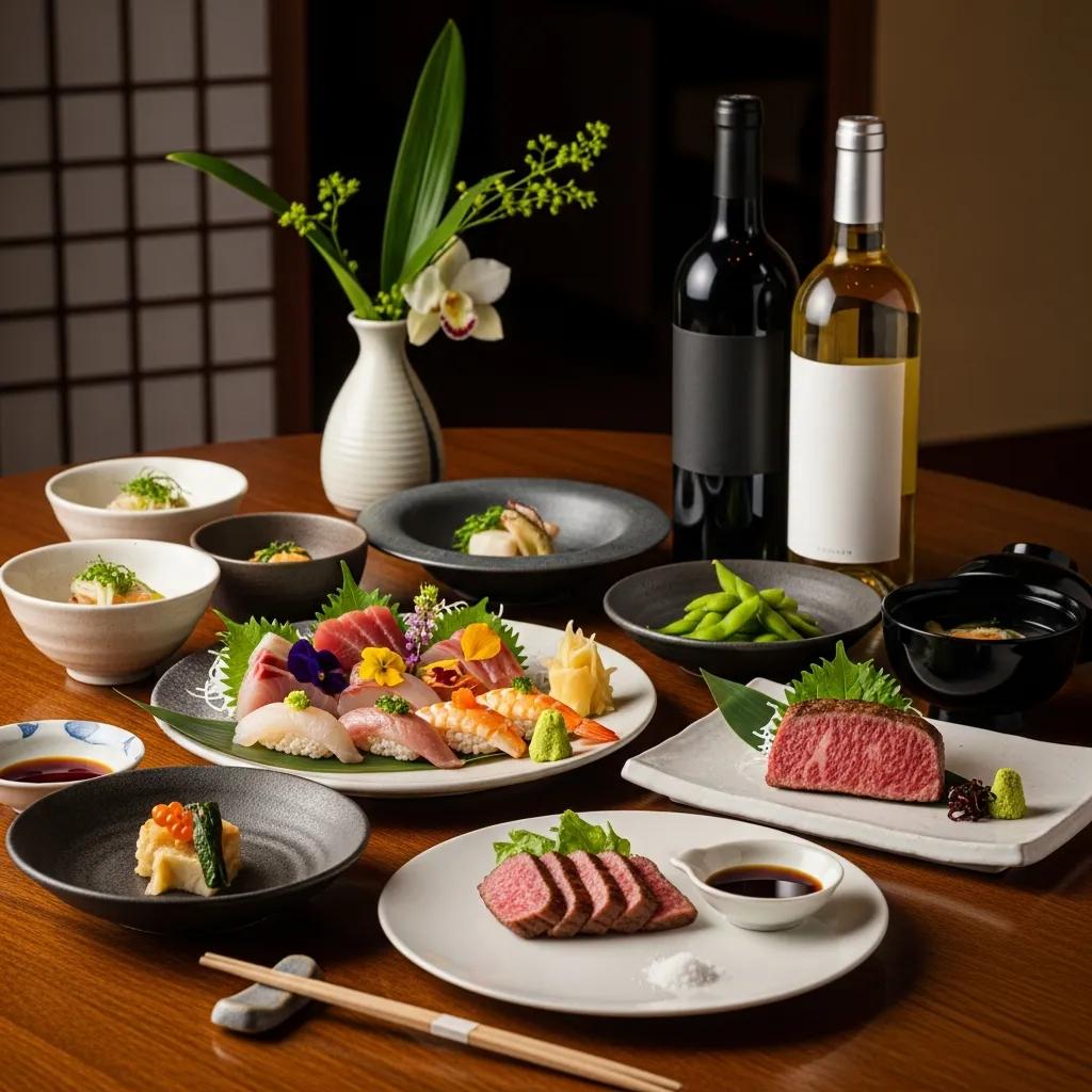 Elegant Japanese fine dining table setting featuring sushi, A5 Wagyu beef, assorted side dishes, and wine bottles, highlighting Kaviar's luxury culinary experience.