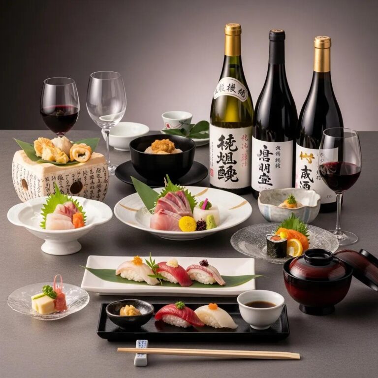 Elegant table setting for Japanese fine dining with sushi, sashimi, and fine wines