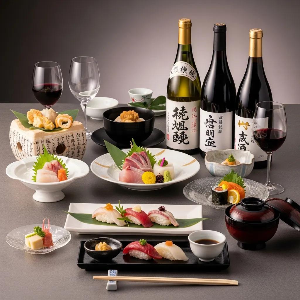 Elegant table setting for Japanese fine dining with sushi, sashimi, and fine wines