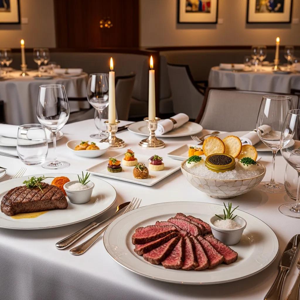 Elegant table setting for luxury dining featuring A5 Wagyu and caviar