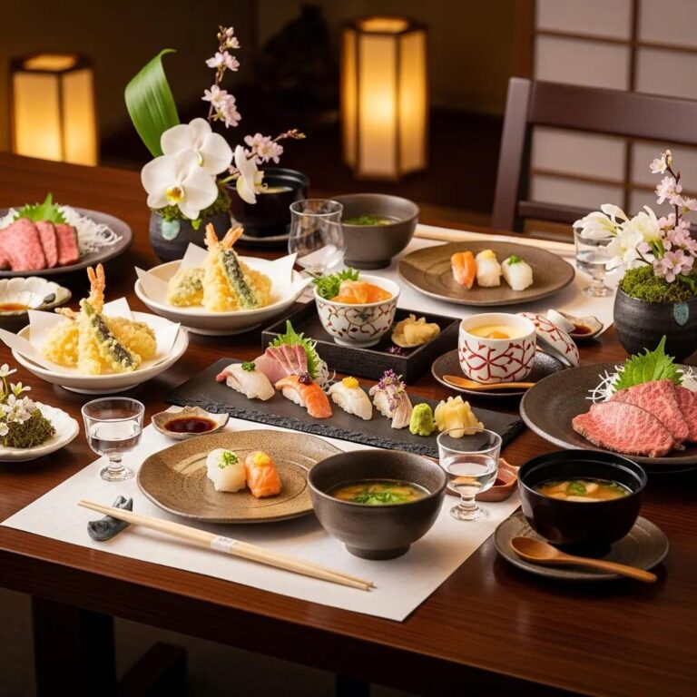 Elegant table setting for luxury Japanese dining with exquisite dishes and serene ambiance