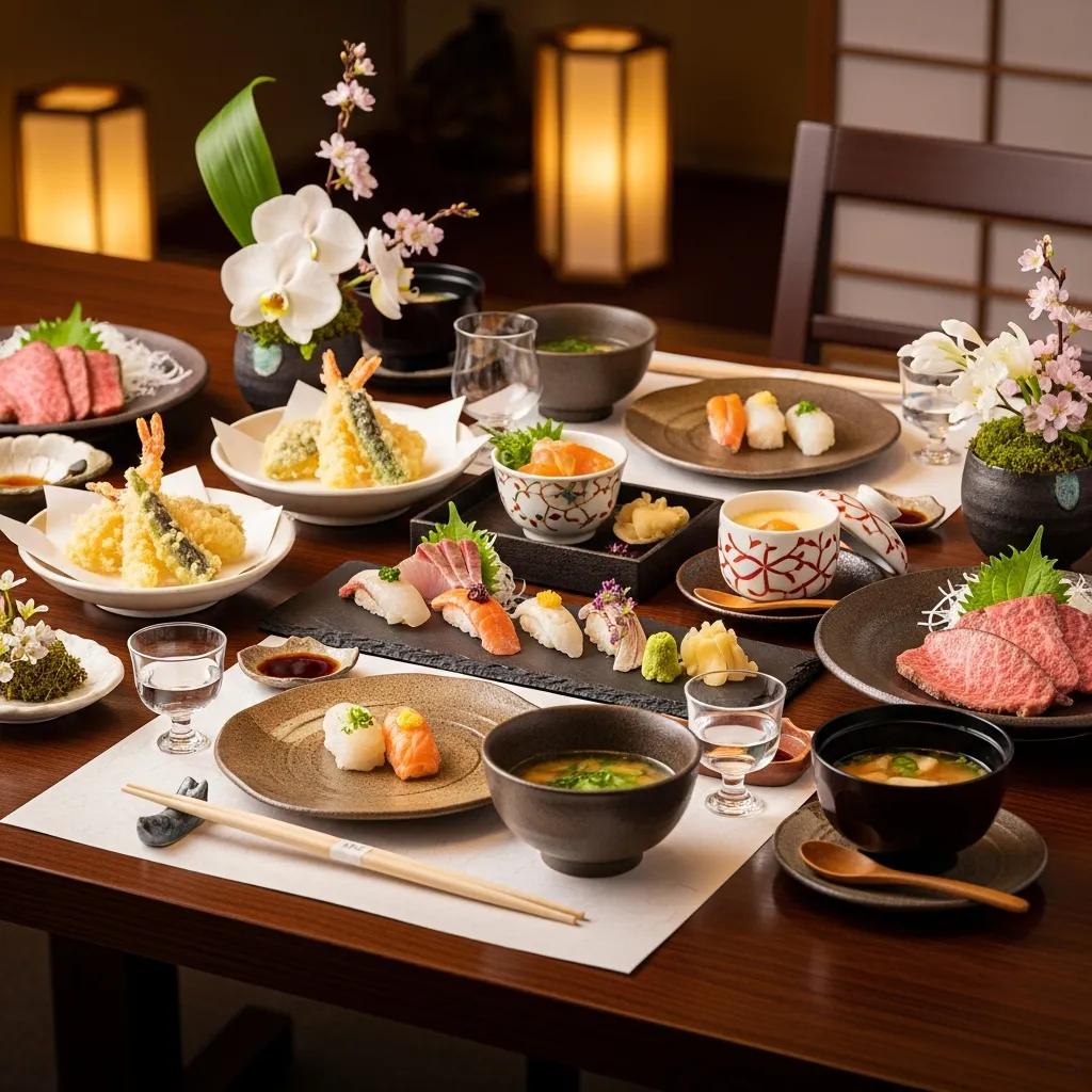 Elegant table setting for luxury Japanese dining with exquisite dishes and serene ambiance