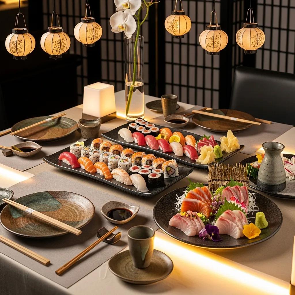 Elegant table setting featuring an array of sushi and sashimi, complemented by decorative lanterns, fine dining utensils, and a minimalist Japanese aesthetic, highlighting Kaviar's luxury Japanese dining experience.