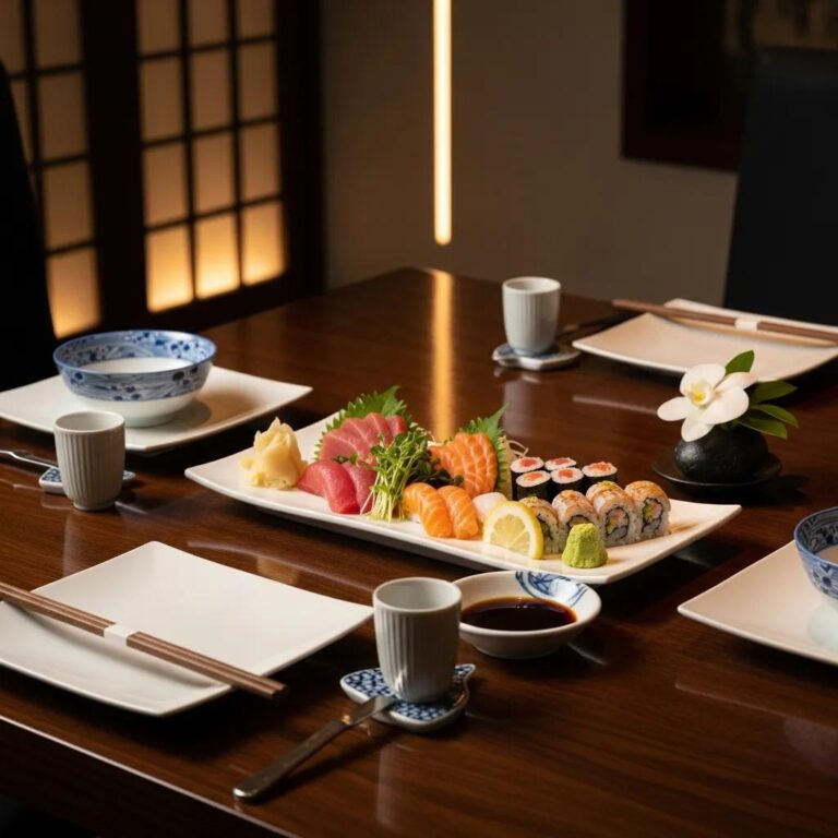 Elegant table setting for luxury Japanese dining with sushi and upscale decor
