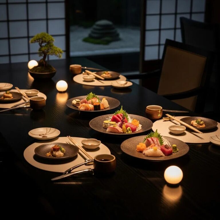 Elegant table setting for luxury Japanese fine dining with sushi and sophisticated dishware