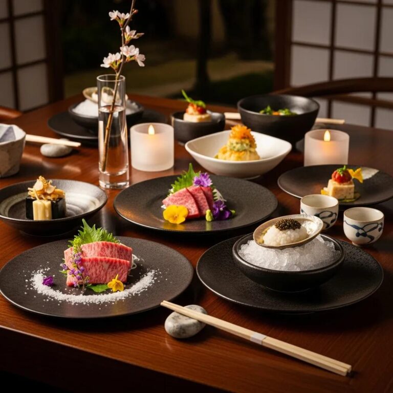 Elegant table setting for modern Japanese fine dining showcasing seasonal ingredients and luxury ambiance