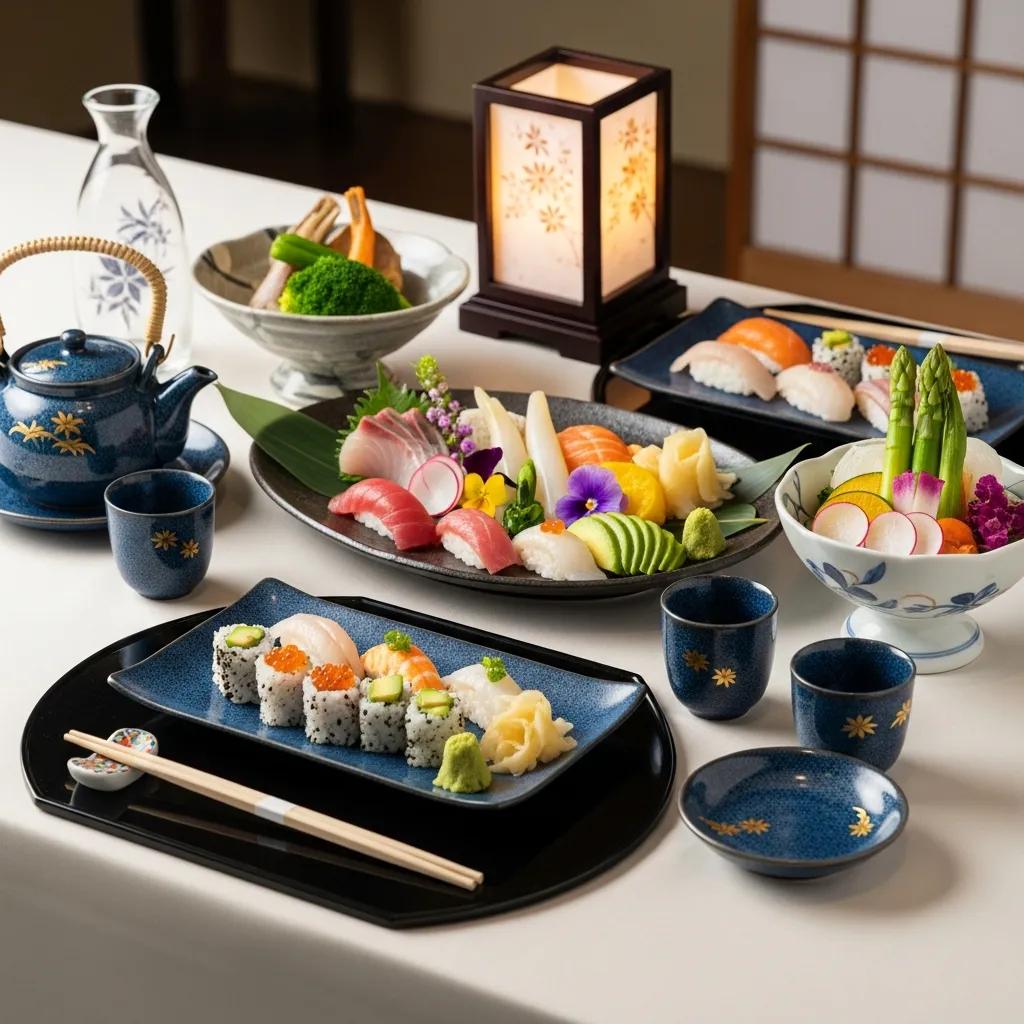 Elegant Japanese table setting featuring seasonal sushi, vibrant vegetables, and traditional tea service, highlighting Kaviar's luxury dining experience.