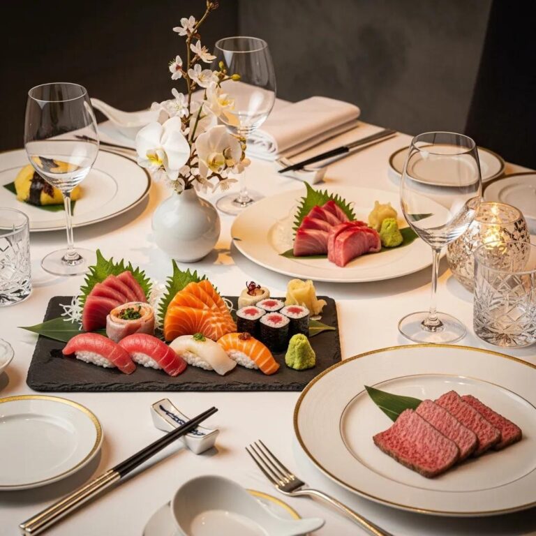 Elegant table setting showcasing luxury Japanese cuisine with sushi, sashimi, and A5 Wagyu