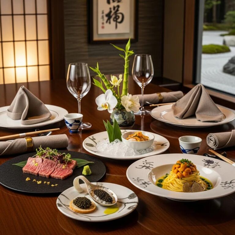 Elegant table setting featuring premium Japanese fine dining dishes, including A5 Wagyu beef, Kaluga caviar, uni pasta, and seasonal vegetables, complemented by fine glassware and floral arrangement, highlighting Kaviar's culinary artistry.