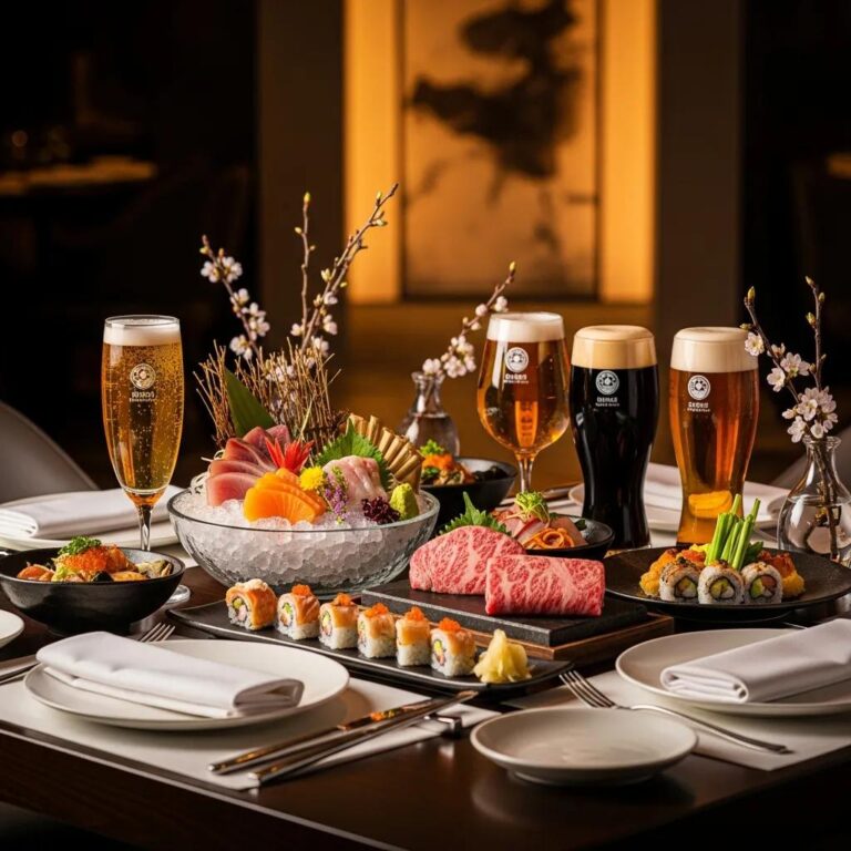 Elegant table setting with craft beers and gourmet ciders paired with premium Japanese cuisine