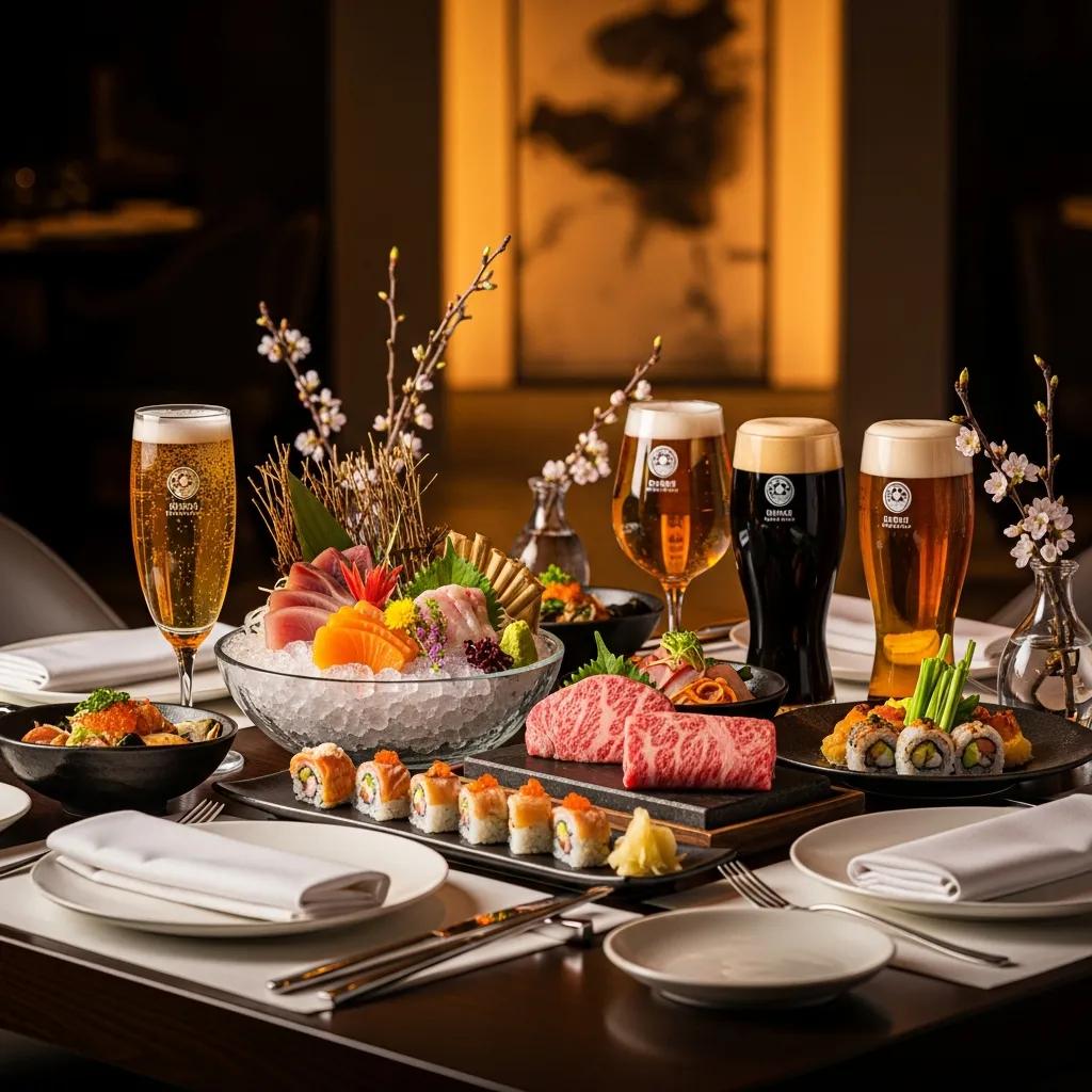 Elegant table setting with craft beers and gourmet ciders paired with premium Japanese cuisine