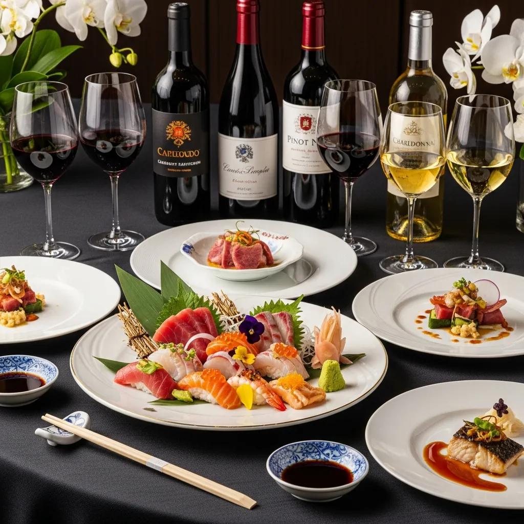 Elegant table setting with fine wines and Japanese cuisine, highlighting wine pairing