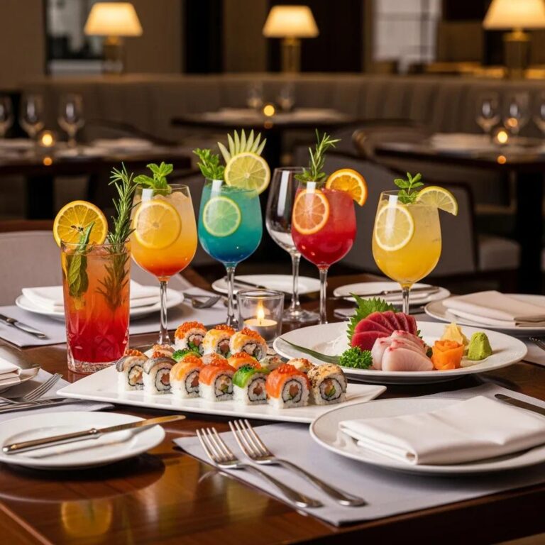 Elegant table setting featuring gourmet mocktails and an assortment of Japanese dishes, including sushi and sashimi, in a fine dining restaurant ambiance.