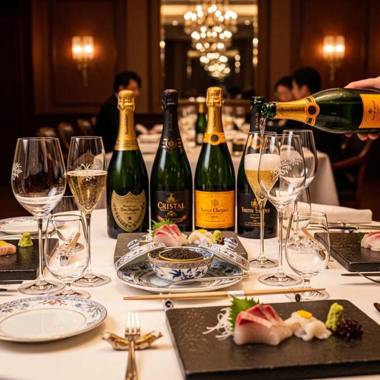 Elegant table setting featuring premium champagne bottles, fine dining dishes including sashimi and caviar, showcasing luxury Japanese dining experience at Kaviar Restaurants.