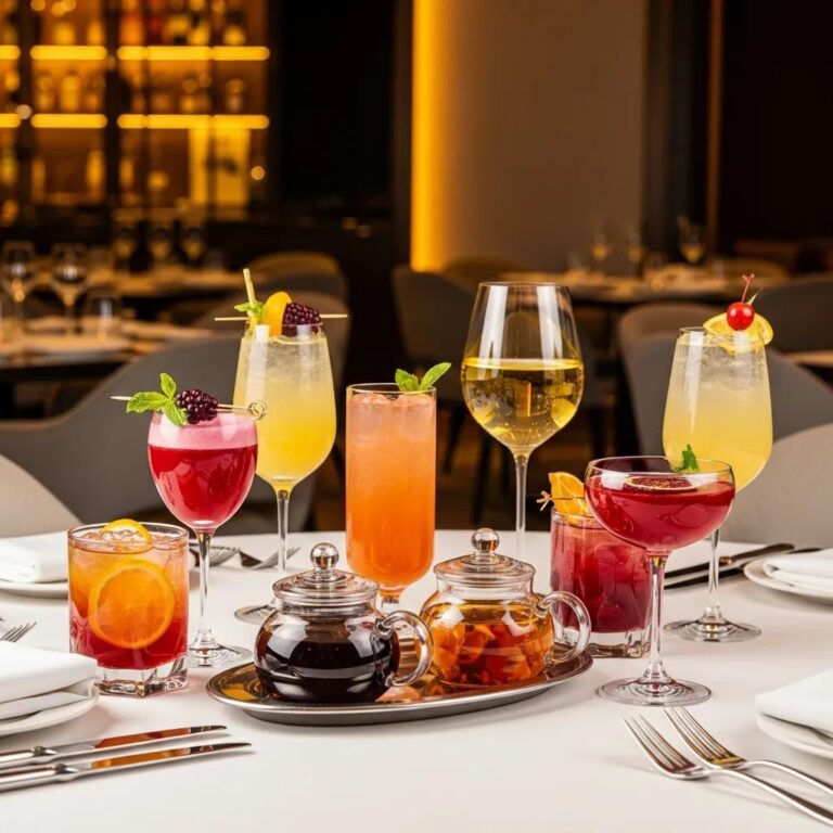 Elegant table setting featuring sophisticated non-alcoholic beverages, including artisanal mocktails and tea infusions, at Kaviar Restaurant, highlighting modern Japanese mixology.
