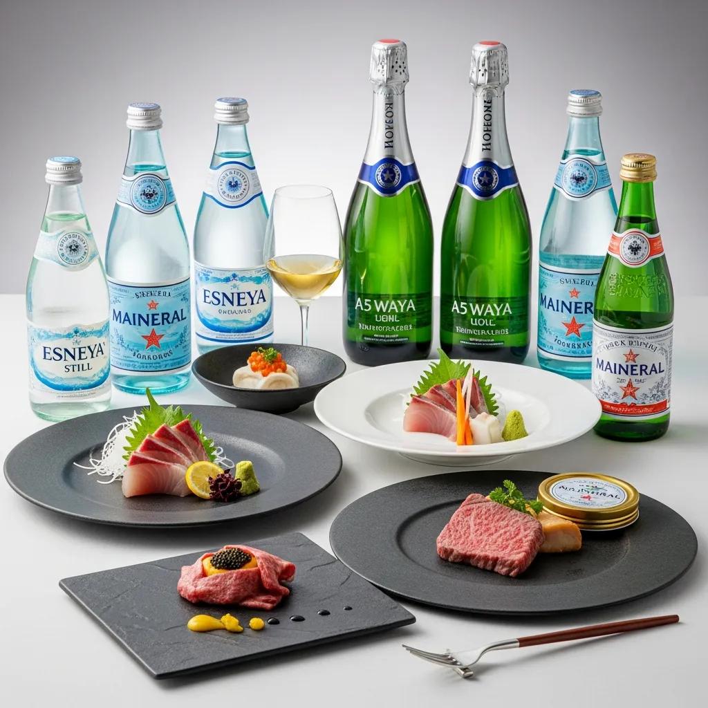 Elegant table setting with still, sparkling, and mineral water bottles alongside gourmet dishes like sashimi and A5 Wagyu