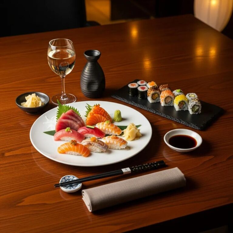 Elegant table setting featuring assorted sushi, sashimi, and sake in a luxury Japanese dining environment, highlighting fine dining and gourmet experiences at Kaviar Restaurants.