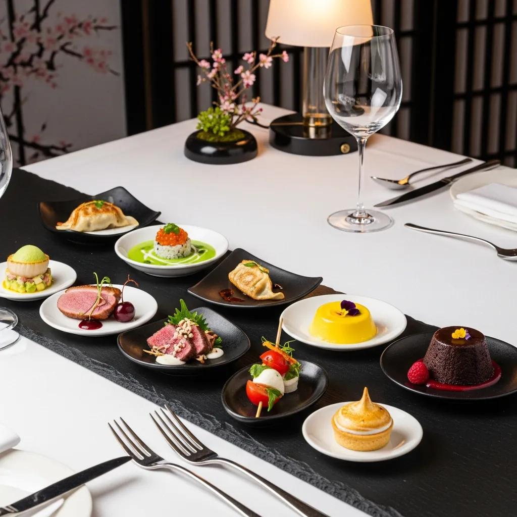 Elegant tasting menu featuring assorted gourmet dishes, including sushi, duck, and desserts, on a fine dining table at Kaviar, Pasadena, with modern decor and delicate floral accents.