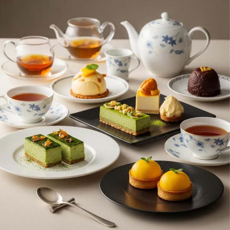 Elegant tea service featuring gourmet desserts, including green tea mousse, fruit tarts, and assorted pastries, accompanied by fine china teacups and teapots, showcasing the art of tea pairing with sweets.