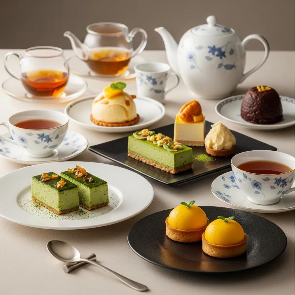 Elegant tea service featuring gourmet desserts, including matcha cakes, fruit tarts, and assorted teas, highlighting the art of tea pairing at Kaviar, a luxury Japanese restaurant in Pasadena.
