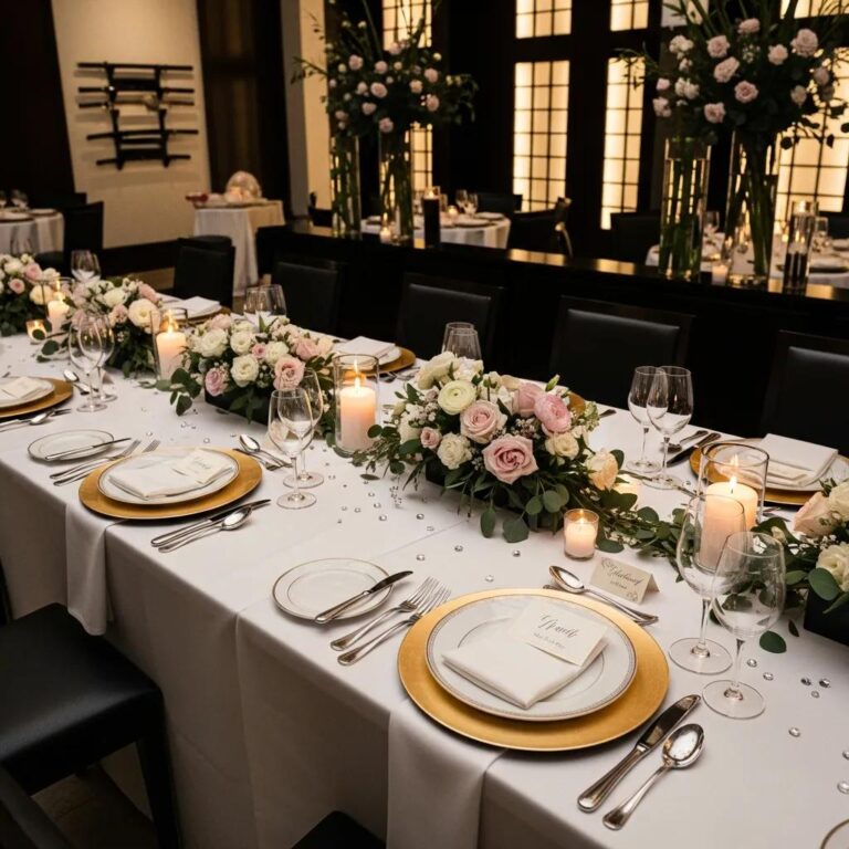 Elegant wedding reception table setting with fine dining elements, featuring floral arrangements, candles, and personalized place settings at Kaviar Restaurants.