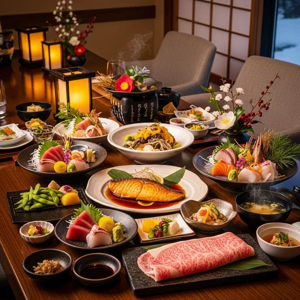 Elegant winter dining setup showcasing Miso Glazed Black Cod and A5 Wagyu in a warm, inviting atmosphere