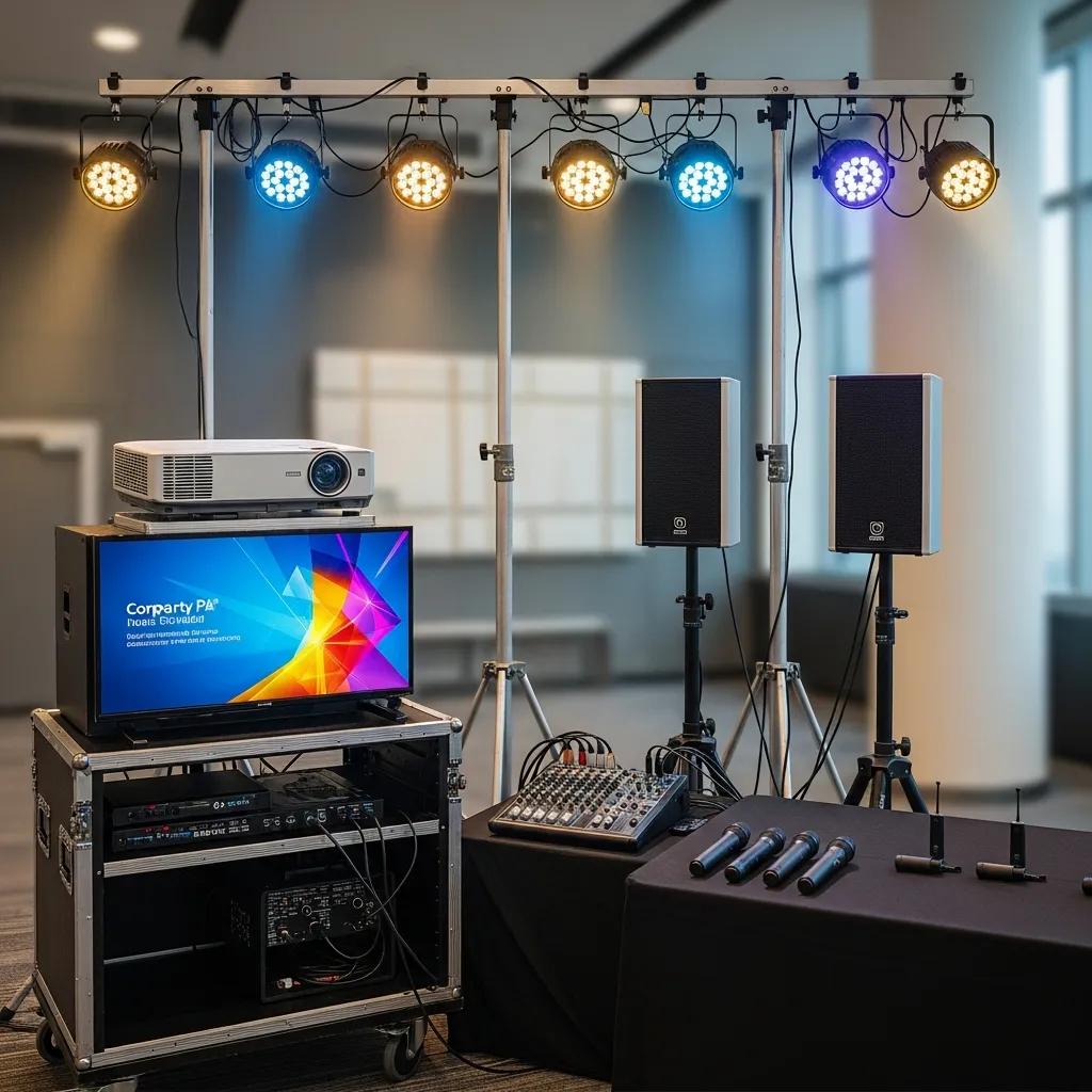 Audio-visual equipment setup featuring a projector, speakers, lighting system, and mixing console, ideal for enhancing presentations and events at Kaviar Restaurants.