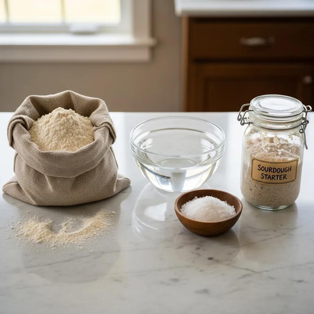 Flour in a burlap sack, bowl of water, wooden bowl of salt, and jar labeled "Sourdough Starter" on a marble countertop, representing essential ingredients for baking artisan bread at home.