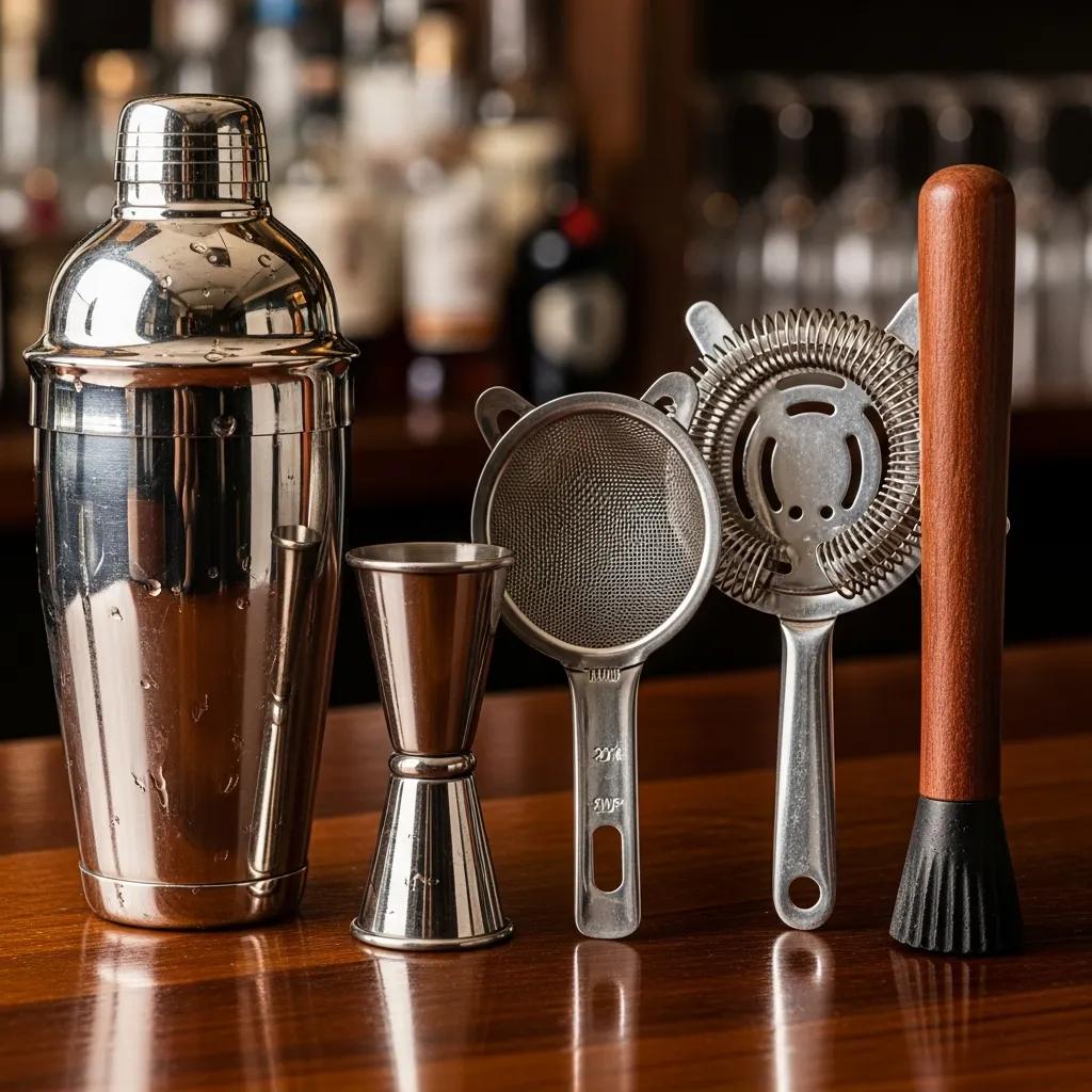 Essential mixology tools including a stainless steel shaker, jigger, fine mesh strainer, Hawthorne strainer, and muddler on a wooden bar top, showcasing equipment for crafting high-quality cocktails at home.