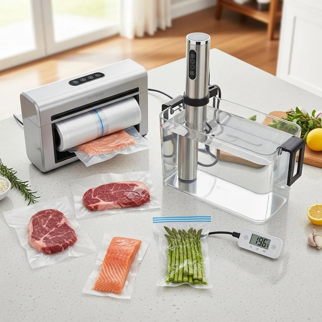 Sous-vide cooking setup featuring an immersion circulator, vacuum sealer, vacuum-sealed bags of meats and vegetables, and a temperature display, illustrating essential equipment for achieving gourmet results at home.