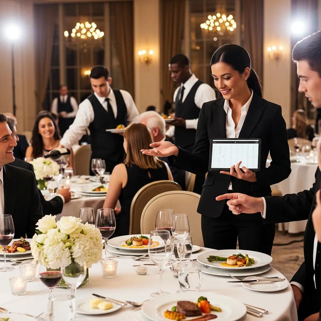 Event coordinator engaging with guests during a luxury dining experience, managing service details with staff, elegantly set tables featuring gourmet dishes, and attentive service in an upscale venue.