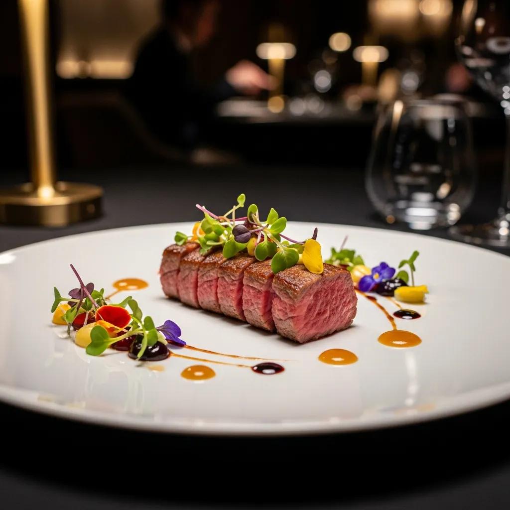 Exquisite A5 Wagyu dish presented in a Michelin-starred restaurant, highlighting fine dining and culinary excellence